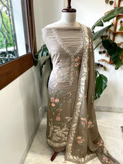 Earthy Brown Suit Set with Parsi Gara Embroidery in Mul Chanderi - Masakalee
