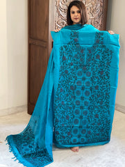 Firoza Suit Set with Kantha Handwork in Pure Tussar Silk - Masakalee