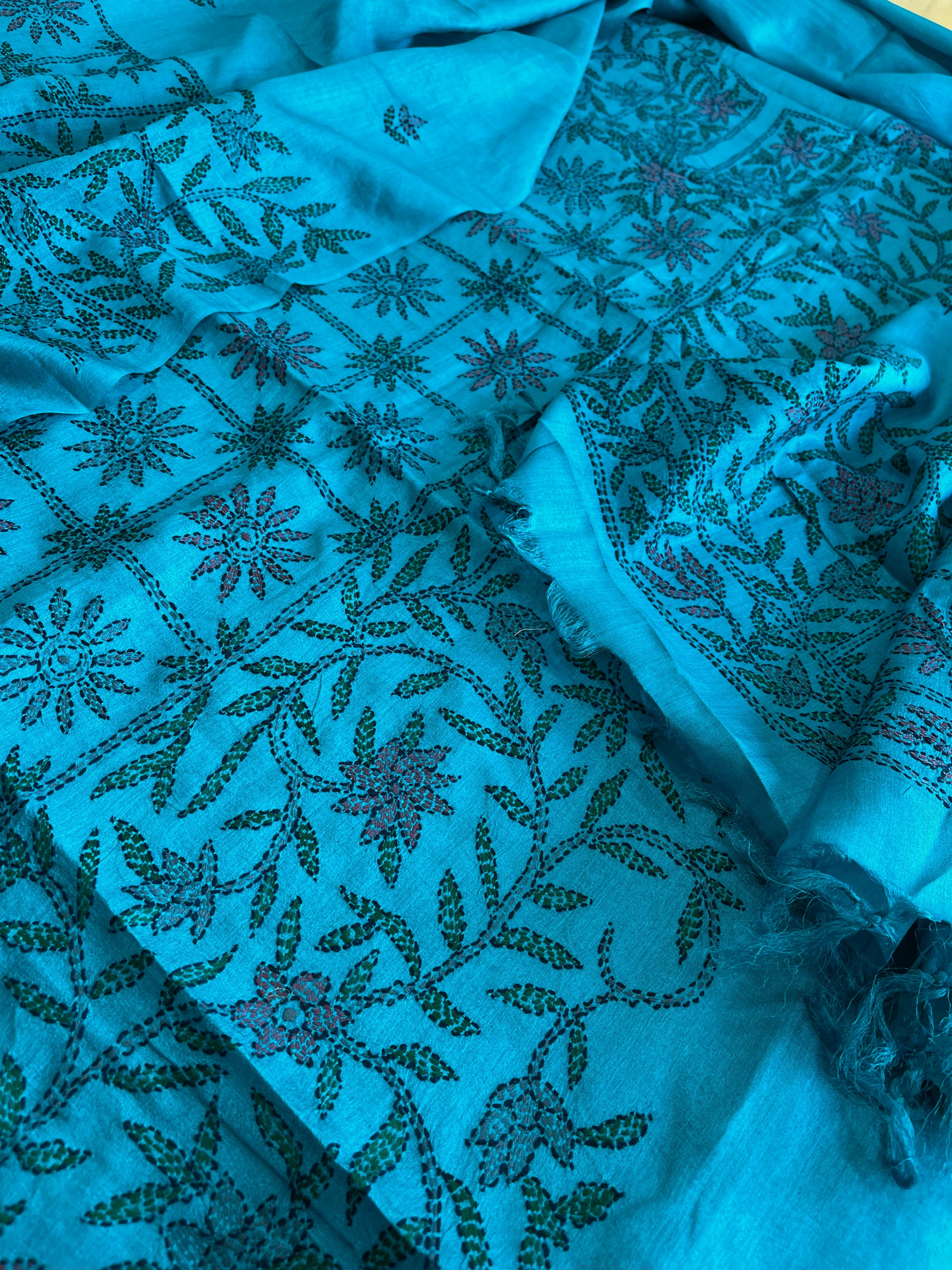 Firoza Suit Set with Kantha Handwork in Pure Tussar Silk - Masakalee