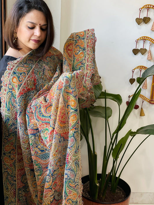 Firozi Blue Chinon Dupatta with Aari Embroidery - Masakalee