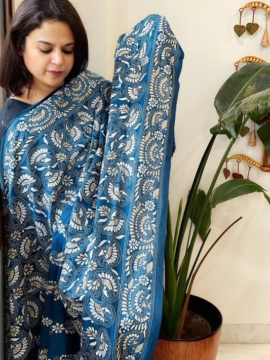 Firozi Blue Handmade Nakshi Kantha Dupatta in Pure Silk - Masakalee