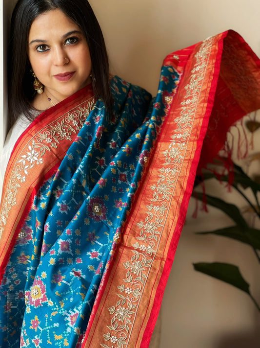 Firozi Blue Handwoven Ikat Patola with Gotapatti & Pearl Handwork dupatta in Pure Silk - Masakalee