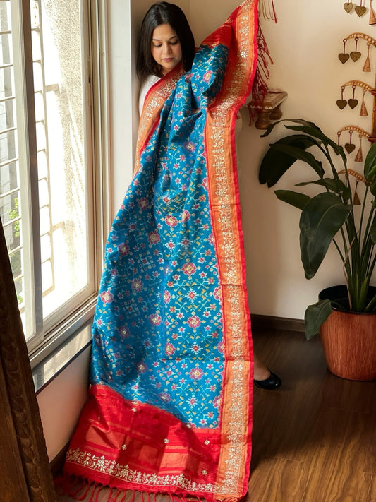 Firozi Blue Handwoven Ikat Patola with Gotapatti & Pearl Handwork dupatta in Pure Silk - Masakalee