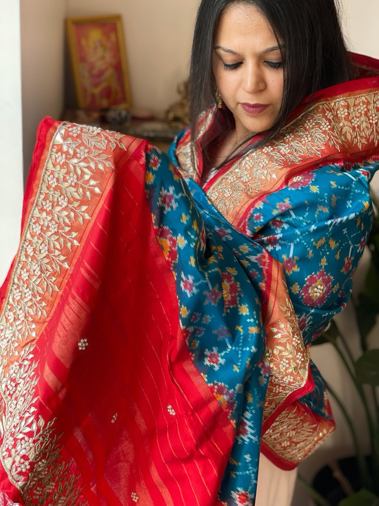 Firozi Blue Handwoven Ikat Patola with Gotapatti & Pearl Handwork dupatta in Pure Silk - Masakalee