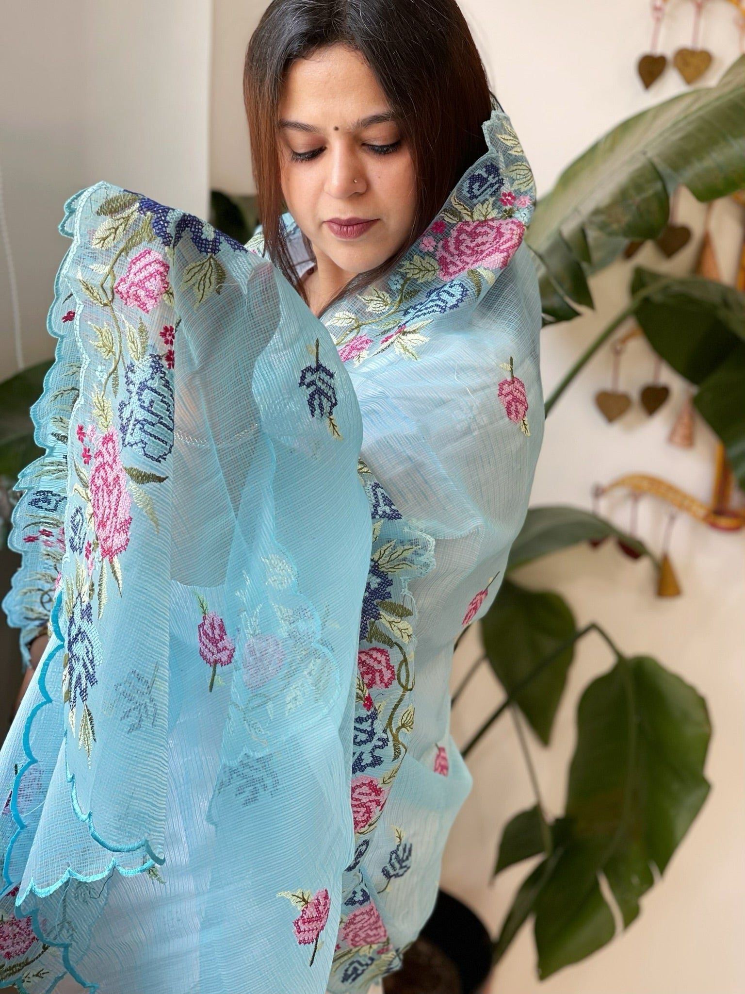 Firozi Blue Kota Cotton Dupatta with Cross - Stitch Embroidered Border - Masakalee