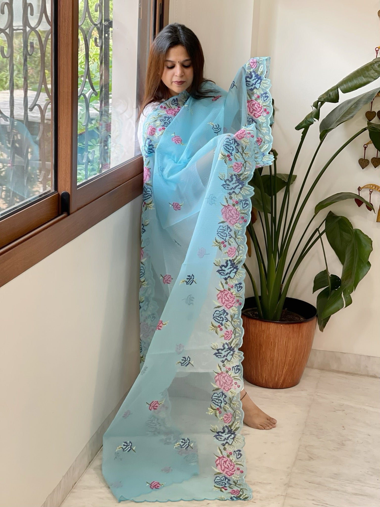 Firozi Blue Kota Cotton Dupatta with Cross - Stitch Embroidered Border - Masakalee