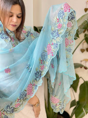 Firozi Blue Kota Cotton Dupatta with Cross - Stitch Embroidered Border - Masakalee