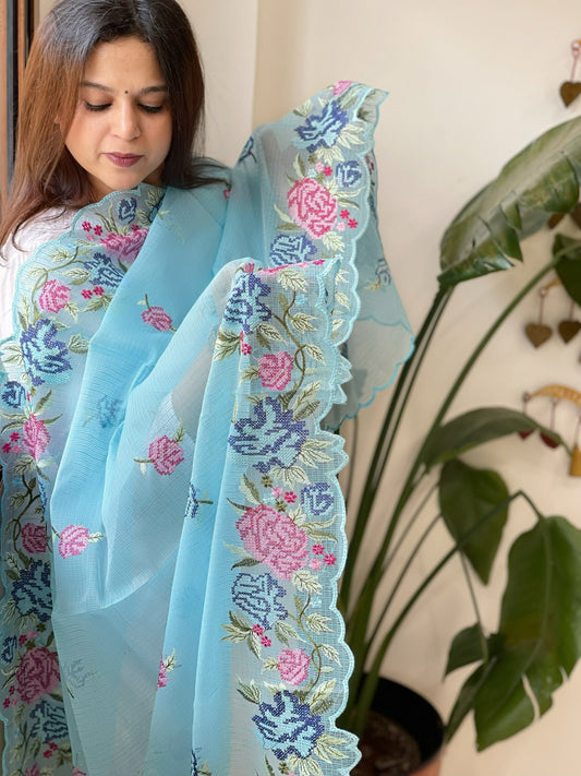 Firozi Blue Kota Cotton Dupatta with Cross - Stitch Embroidered Border - Masakalee