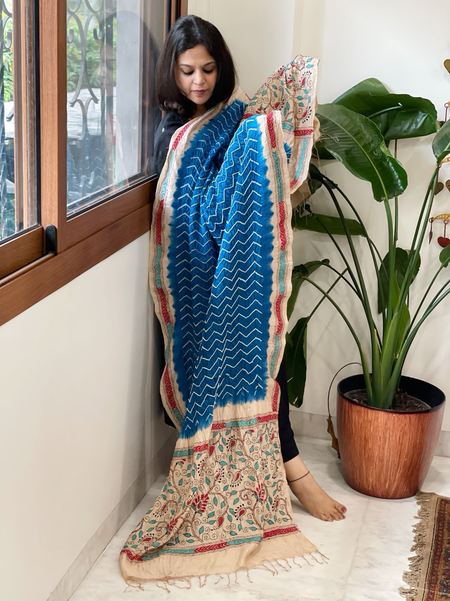 Firozi Blue Rai Bandhej Dupatta with Kantha Handwork in Pure Munga Tussar Silk - Masakalee