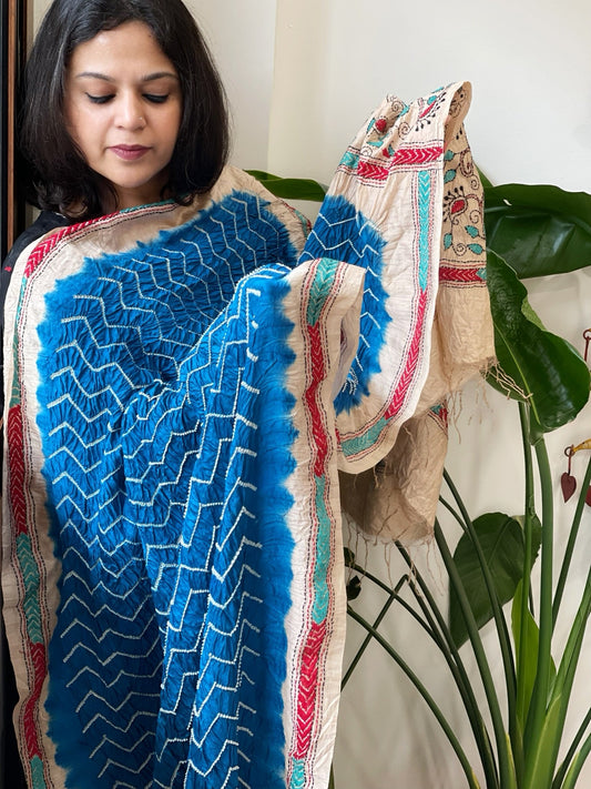 Firozi Blue Rai Bandhej Dupatta with Kantha Handwork in Pure Munga Tussar Silk - Masakalee