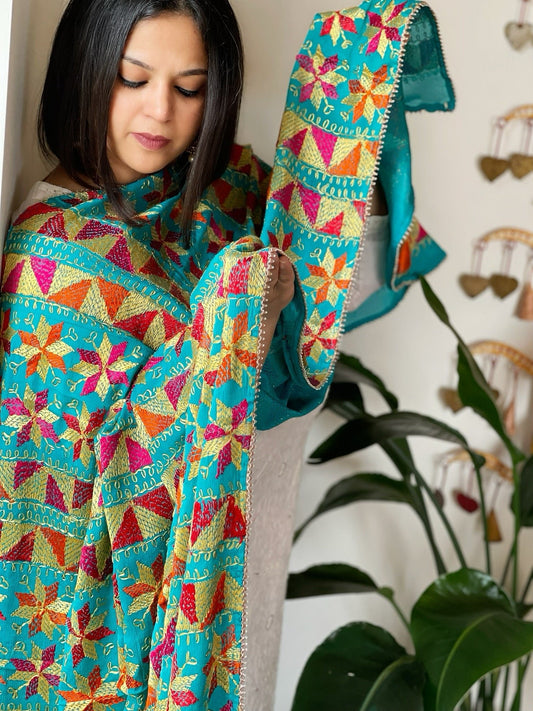 Firozi Handmade Desginer Phulkari Dupatta in Pure Chinon - Masakalee