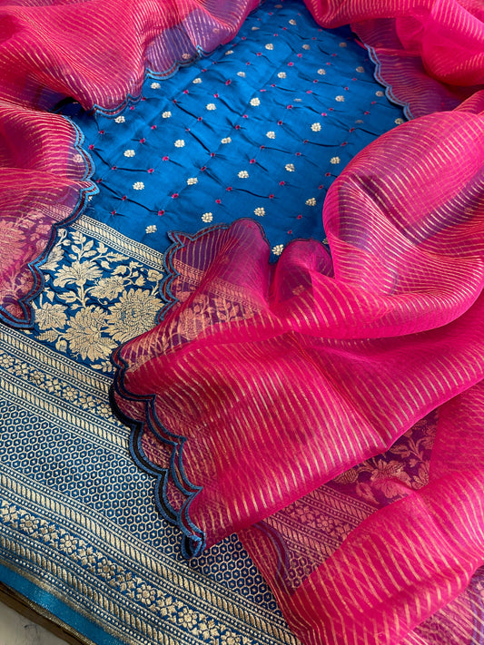 Firozi Handwoven Kadwa Banarasi with Hand Bandhani Suit Set in Pure Silk - Masakalee
