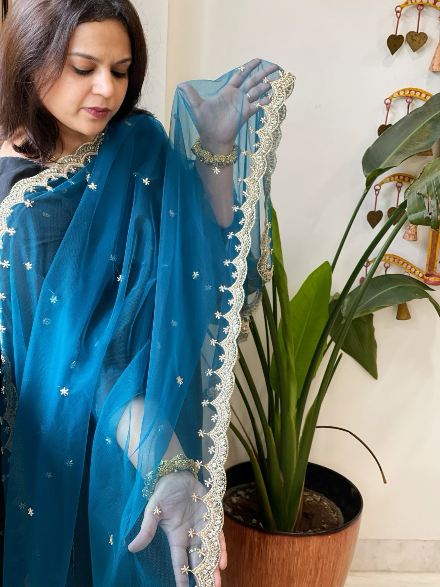 Firozi Net Dupatta with Pearl, Sequin and Cut Daana Embroidery - Masakalee