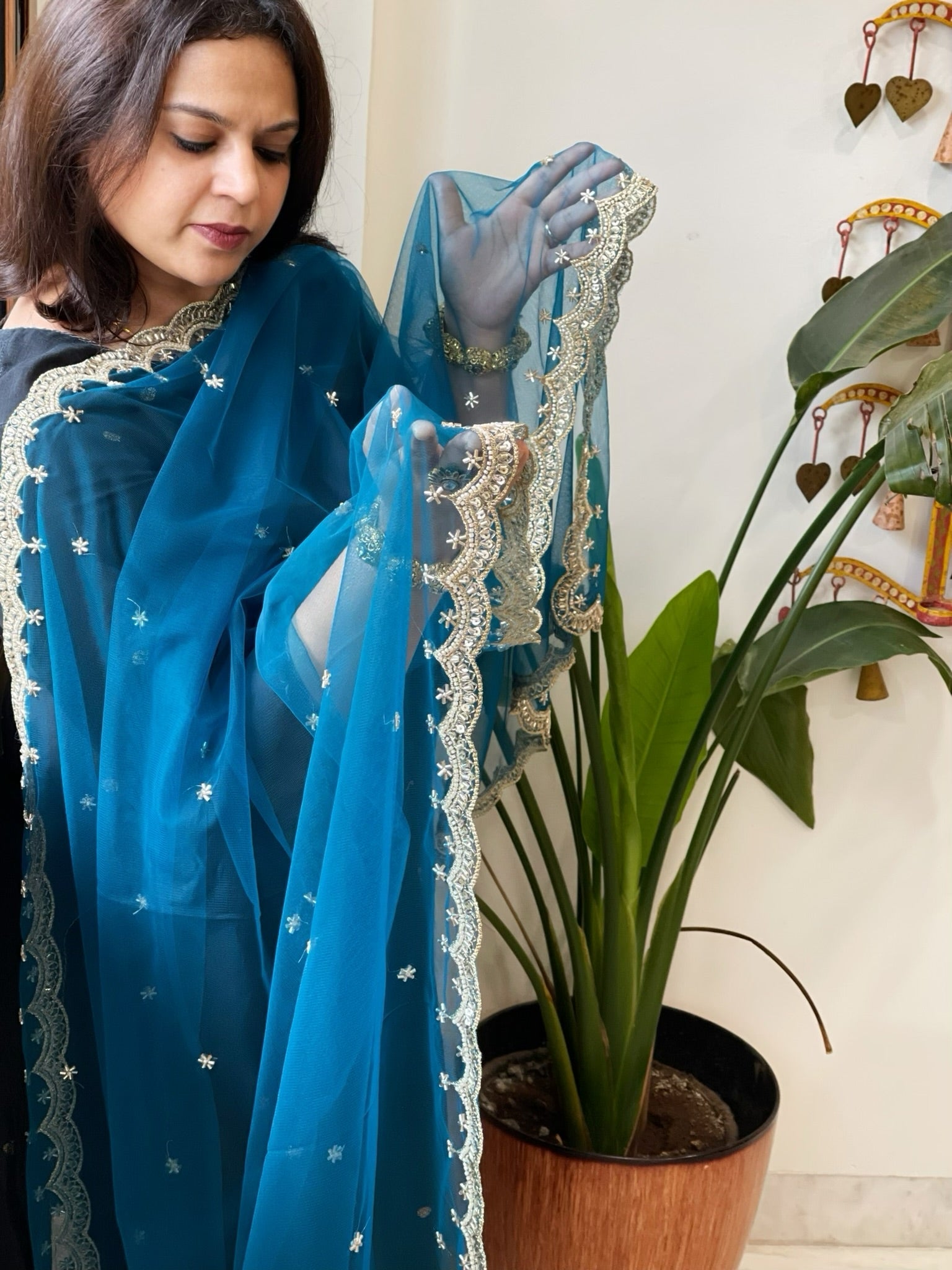 Firozi Net Dupatta with Pearl, Sequin and Cut Daana Embroidery - Masakalee