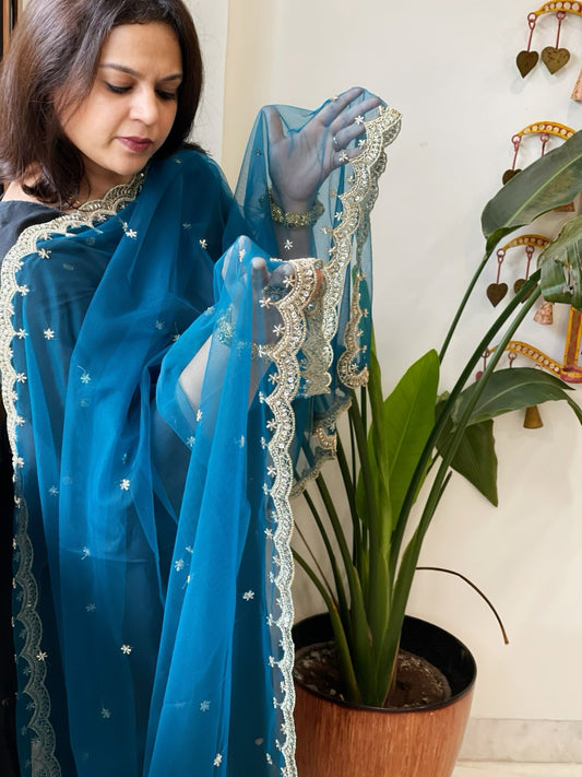 Firozi Net Dupatta with Pearl, Sequin and Cut Daana Embroidery - Masakalee