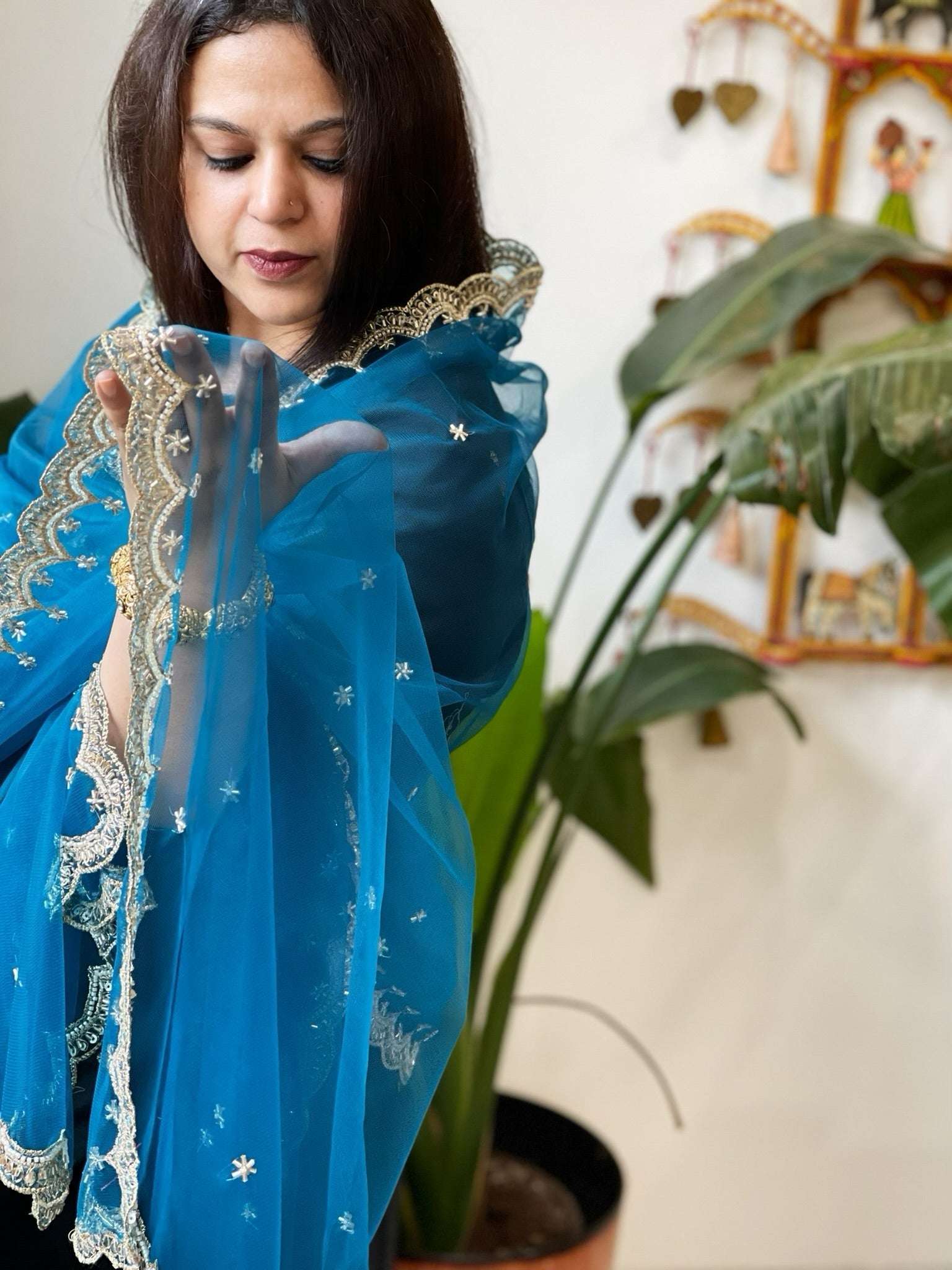 Firozi Net Dupatta with Pearl, Sequin and Cut Daana Embroidery - Masakalee
