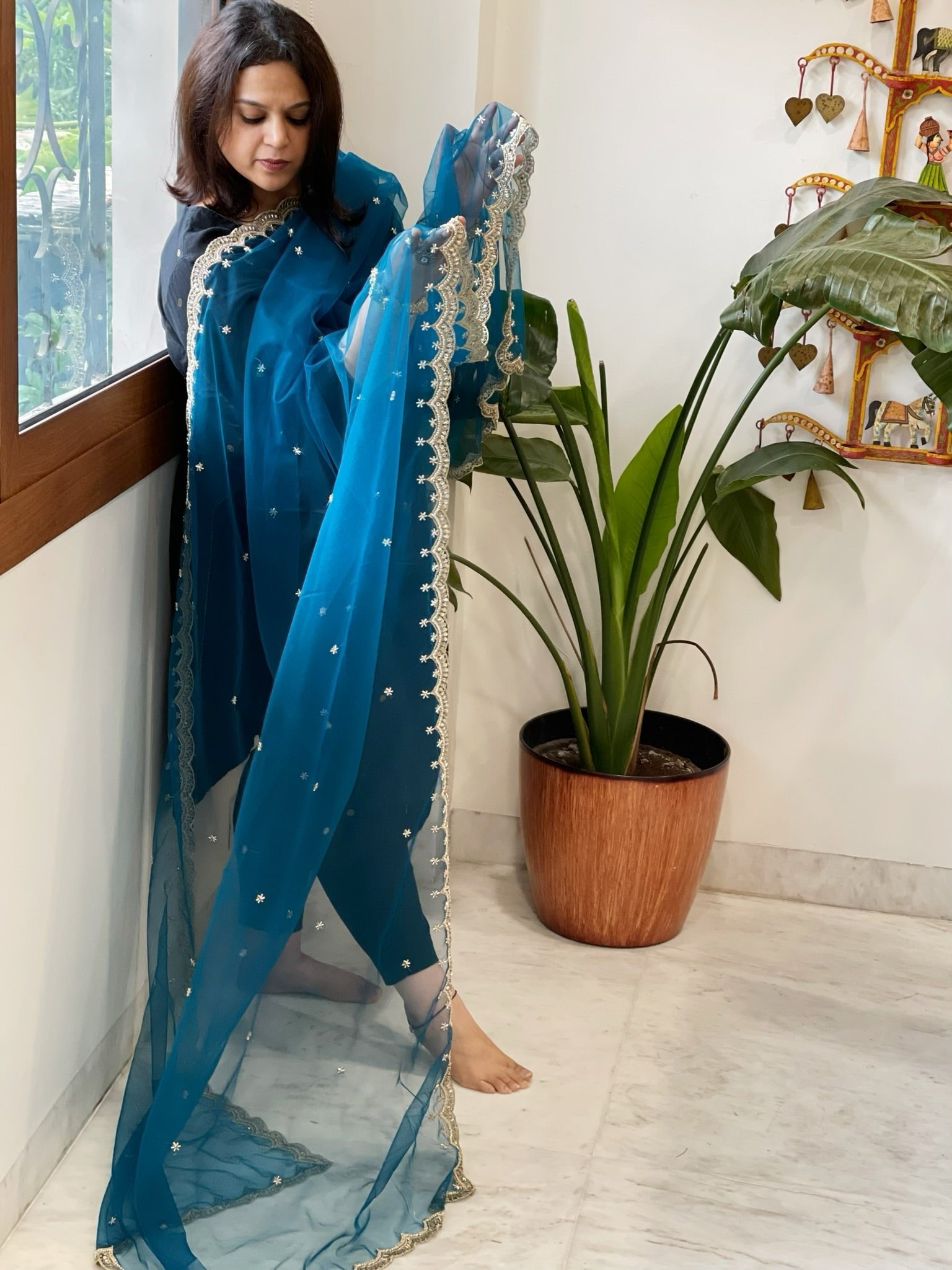Firozi Net Dupatta with Pearl, Sequin and Cut Daana Embroidery - Masakalee