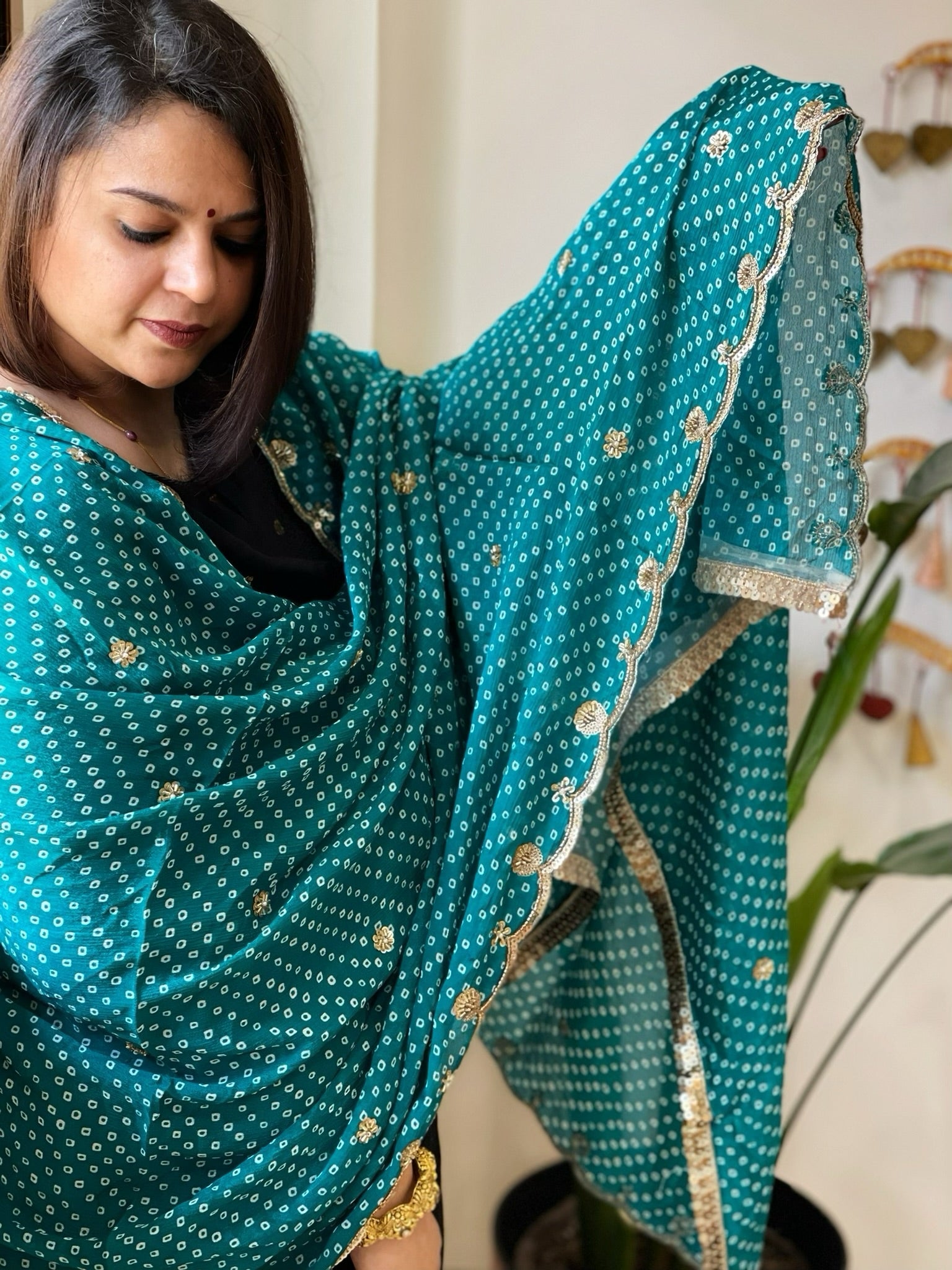 Firozi Printed Bandhej Chinon Dupatta with Sequin Butas and Border - Masakalee