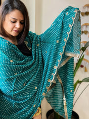 Firozi Printed Bandhej Chinon Dupatta with Sequin Butas and Border - Masakalee
