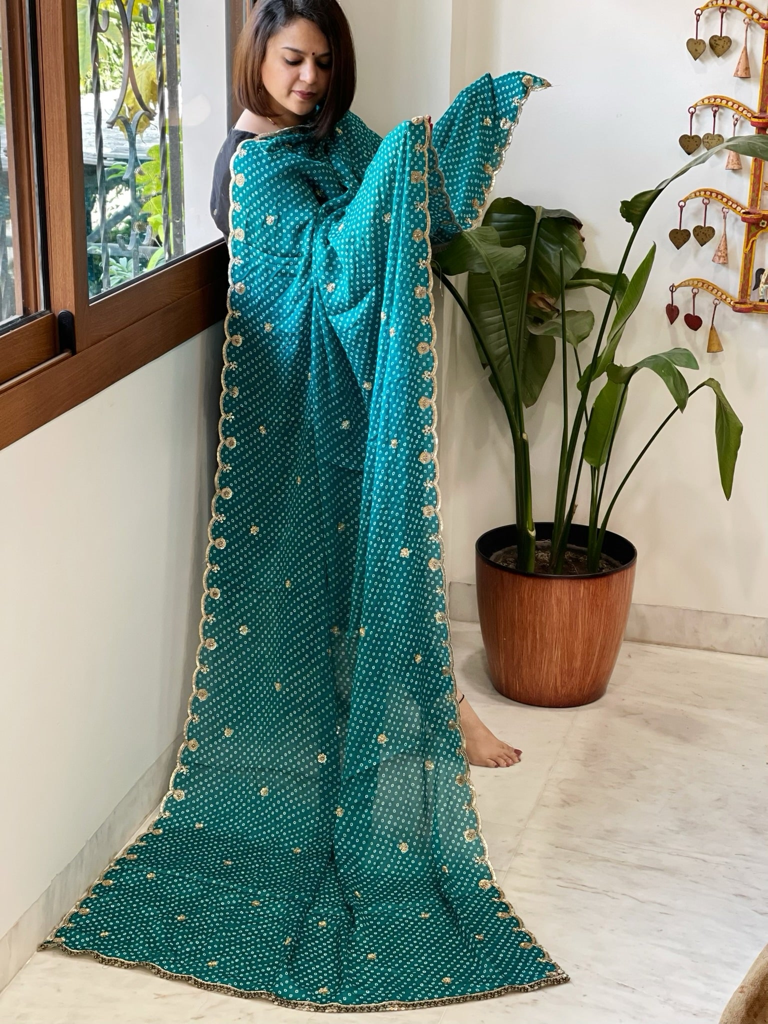 Firozi Printed Bandhej Chinon Dupatta with Sequin Butas and Border - Masakalee