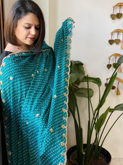 Firozi Printed Bandhej Chinon Dupatta with Sequin Butas and Border - Masakalee