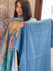 Firozi Suit Set with Kantha Stitch Work on Glazed Cotton - Masakalee