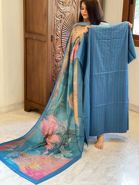 Firozi Suit Set with Kantha Stitch Work on Glazed Cotton - Masakalee