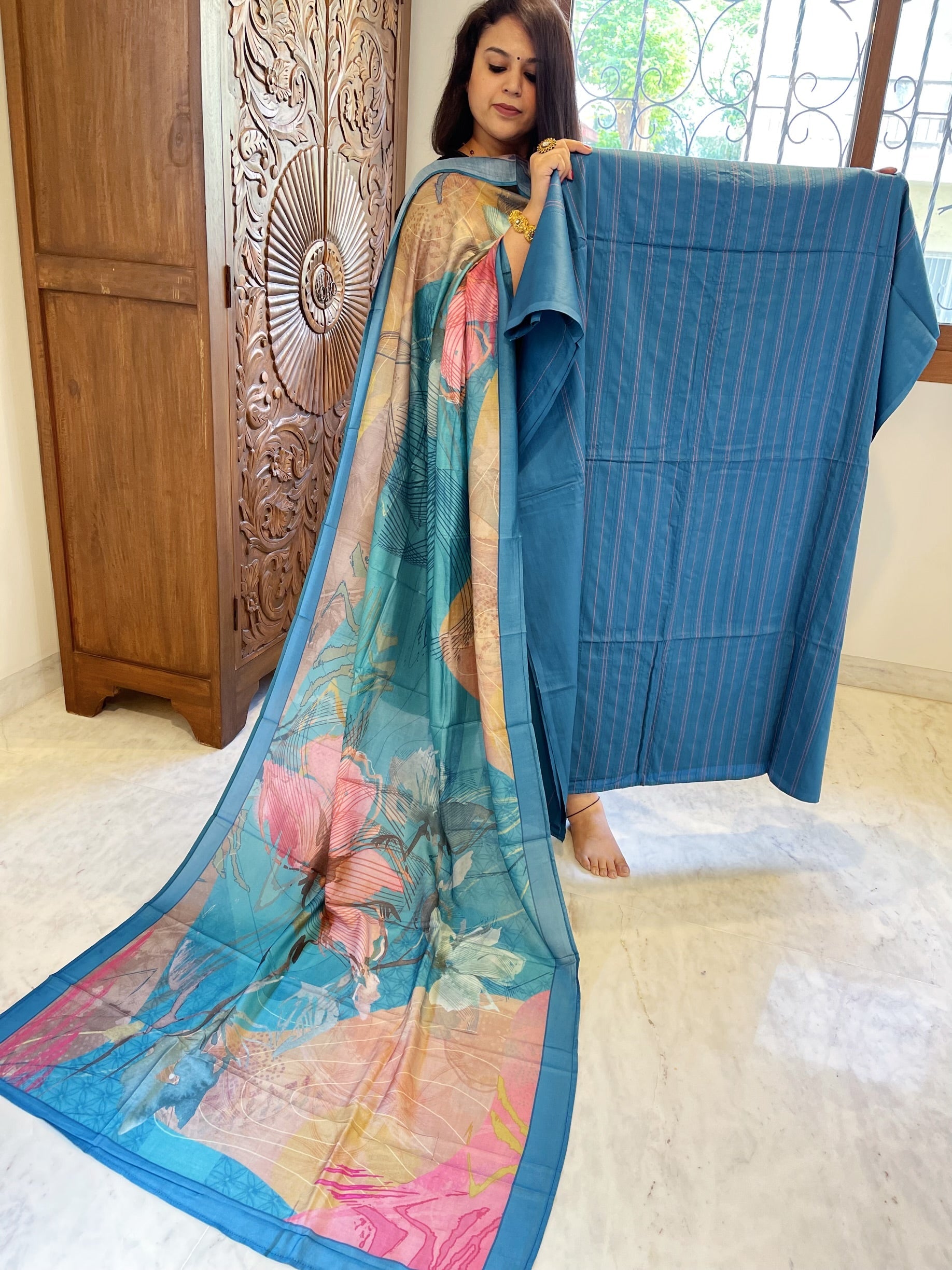 Firozi Suit Set with Kantha Stitch Work on Glazed Cotton - Masakalee