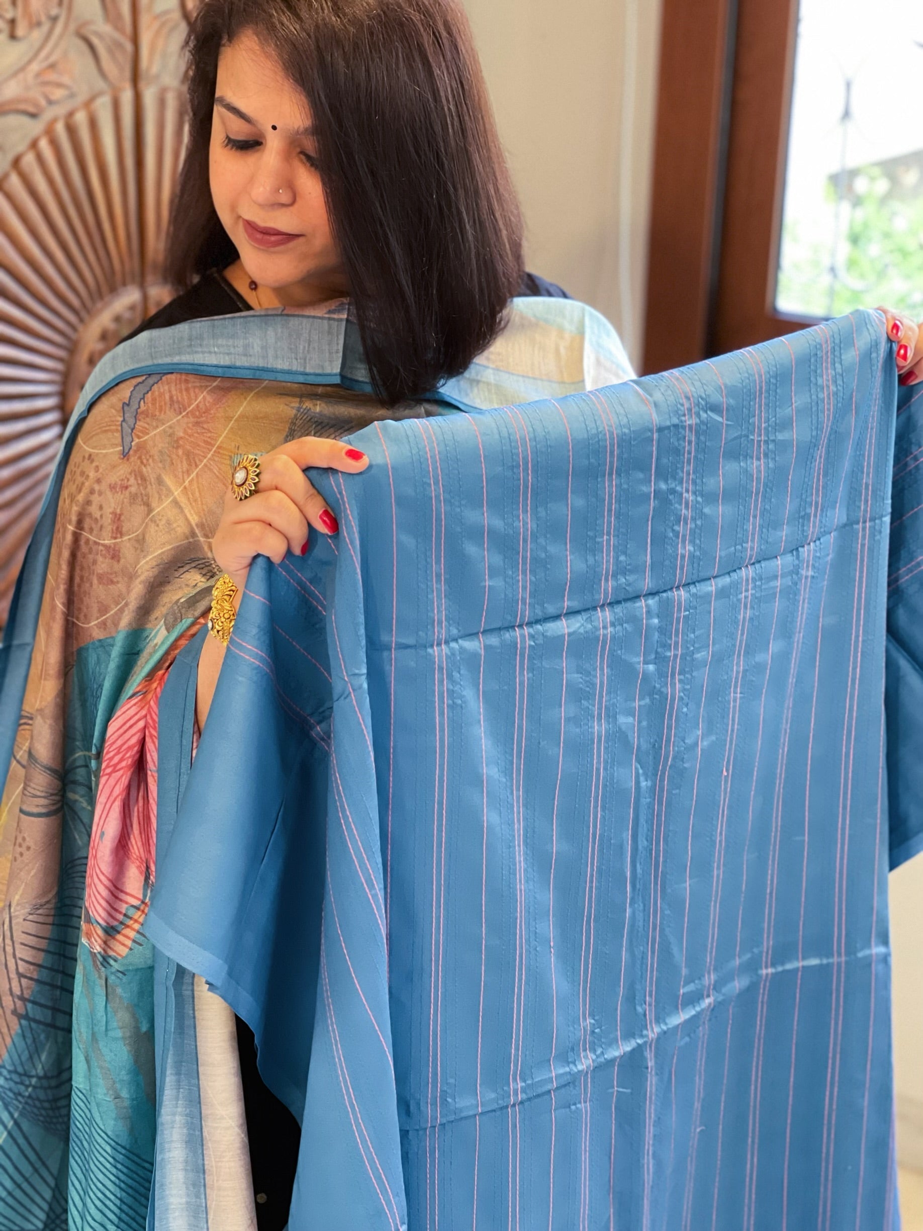 Firozi Suit Set with Kantha Stitch Work on Glazed Cotton - Masakalee
