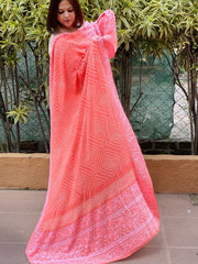 Fluorescent Orange Rai Bandhej Dupatta with Lucknowi Handwork in Pure Georgette - Masakalee