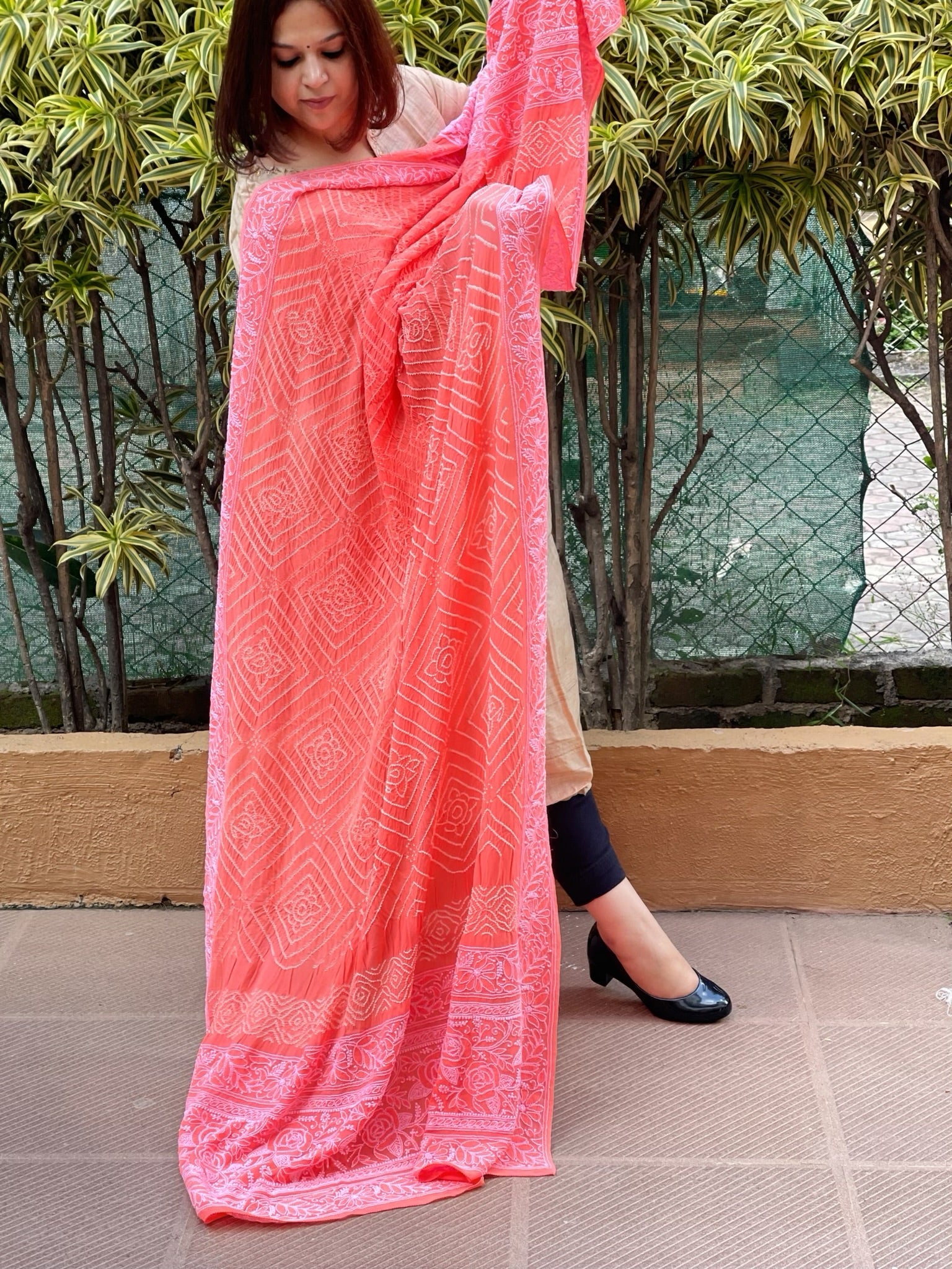 Fluorescent Orange Rai Bandhej Dupatta with Lucknowi Handwork in Pure Georgette - Masakalee