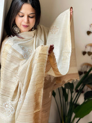 Geecha Muga Half - and - Half Dupatta with Mirror Work and Cross - Stitch Embroidery - Masakalee