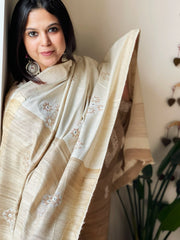 Geecha Muga Half - and - Half Dupatta with Mirror Work and Cross - Stitch Embroidery - Masakalee