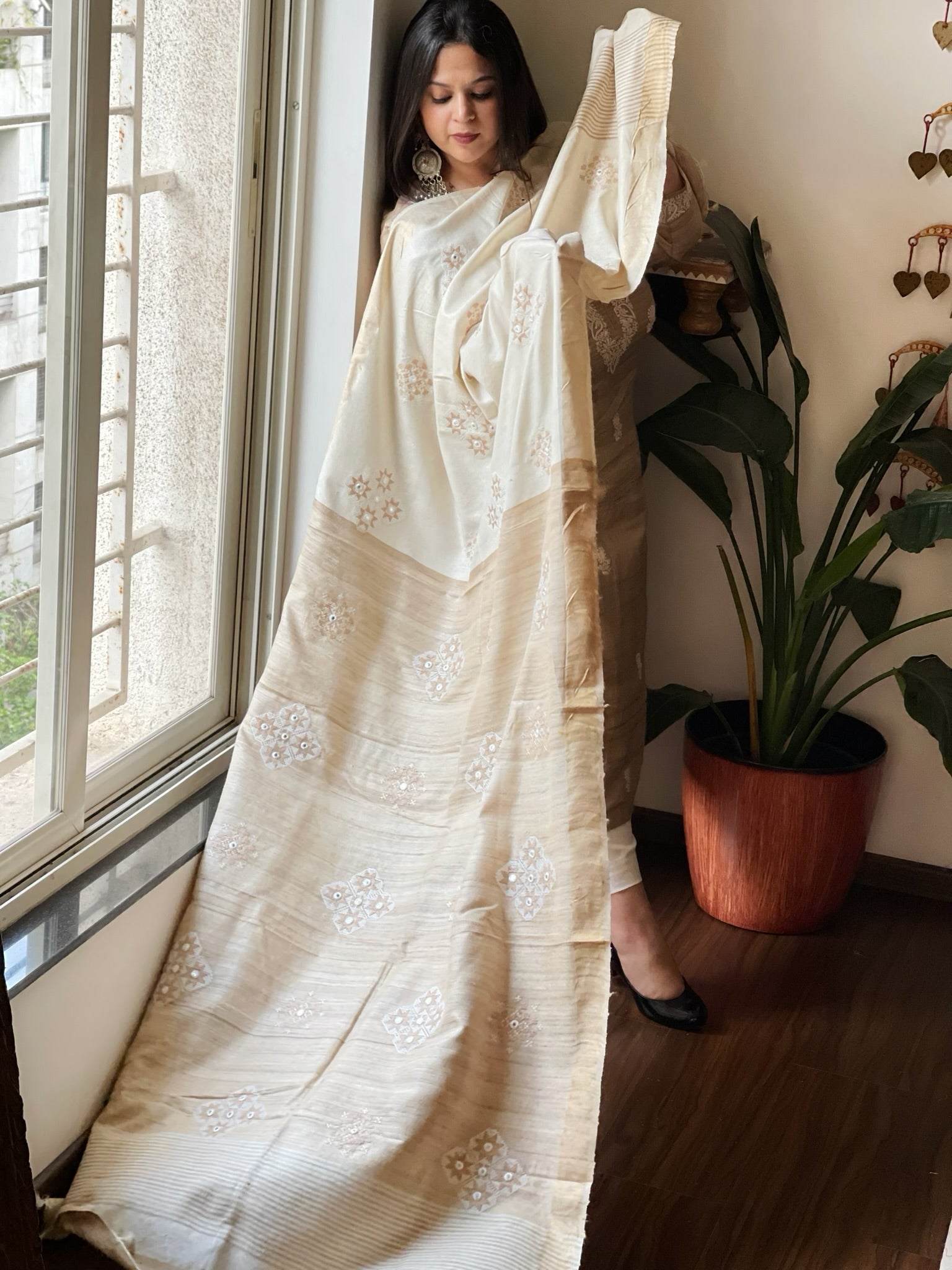 Geecha Muga Half - and - Half Dupatta with Mirror Work and Cross - Stitch Embroidery - Masakalee