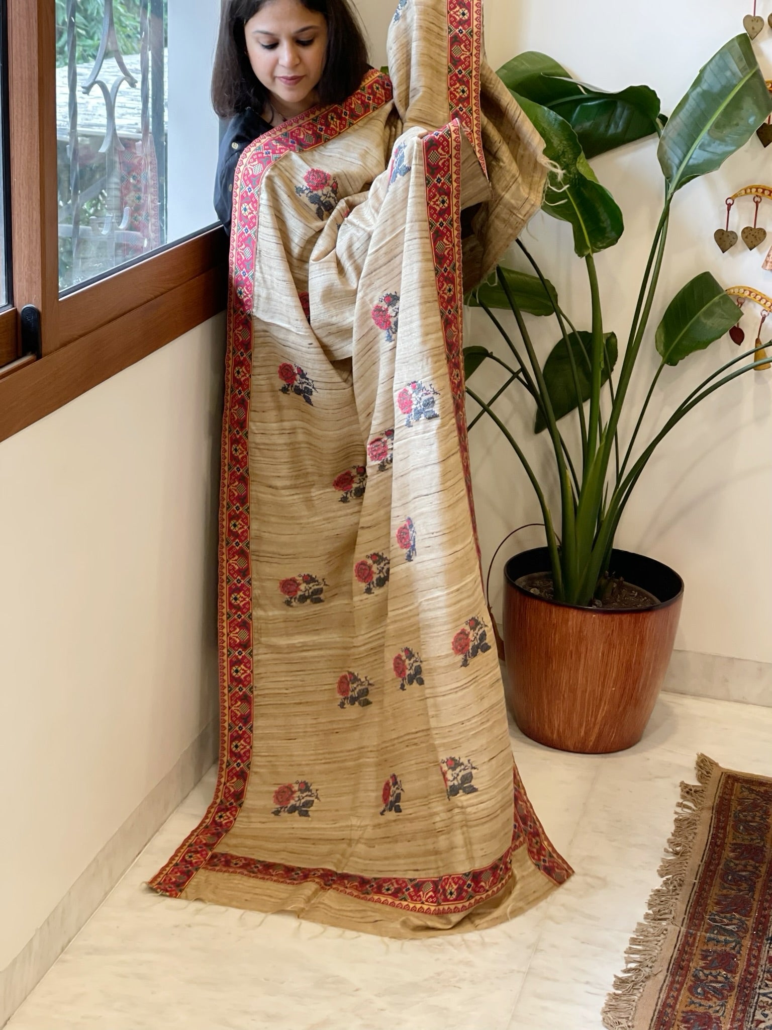 Geecha Silk Dupatta with Thread Embroidery & Patola Border - Masakalee