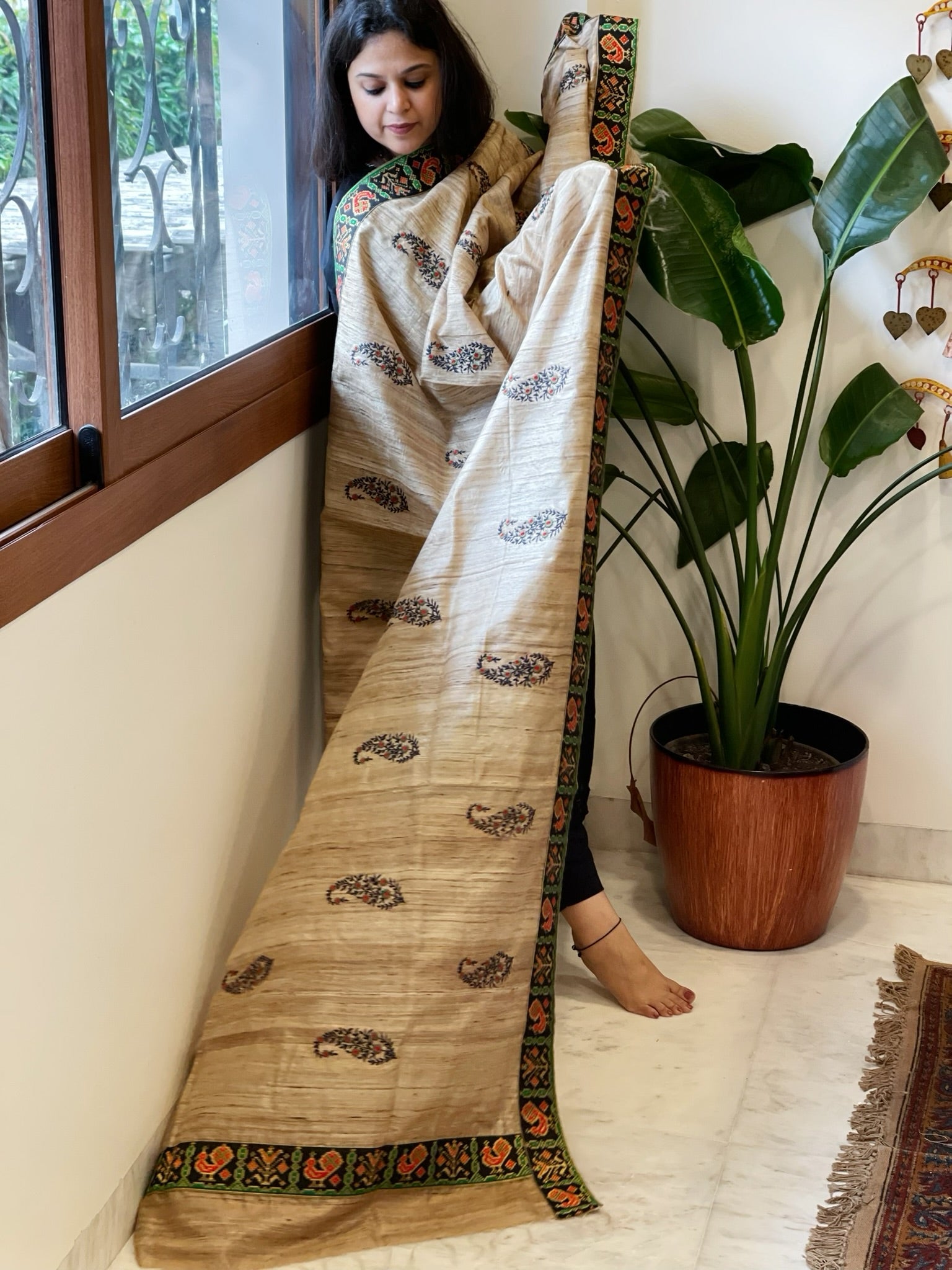 Geecha Silk Dupatta with Thread Embroidery & Patola Border - Masakalee