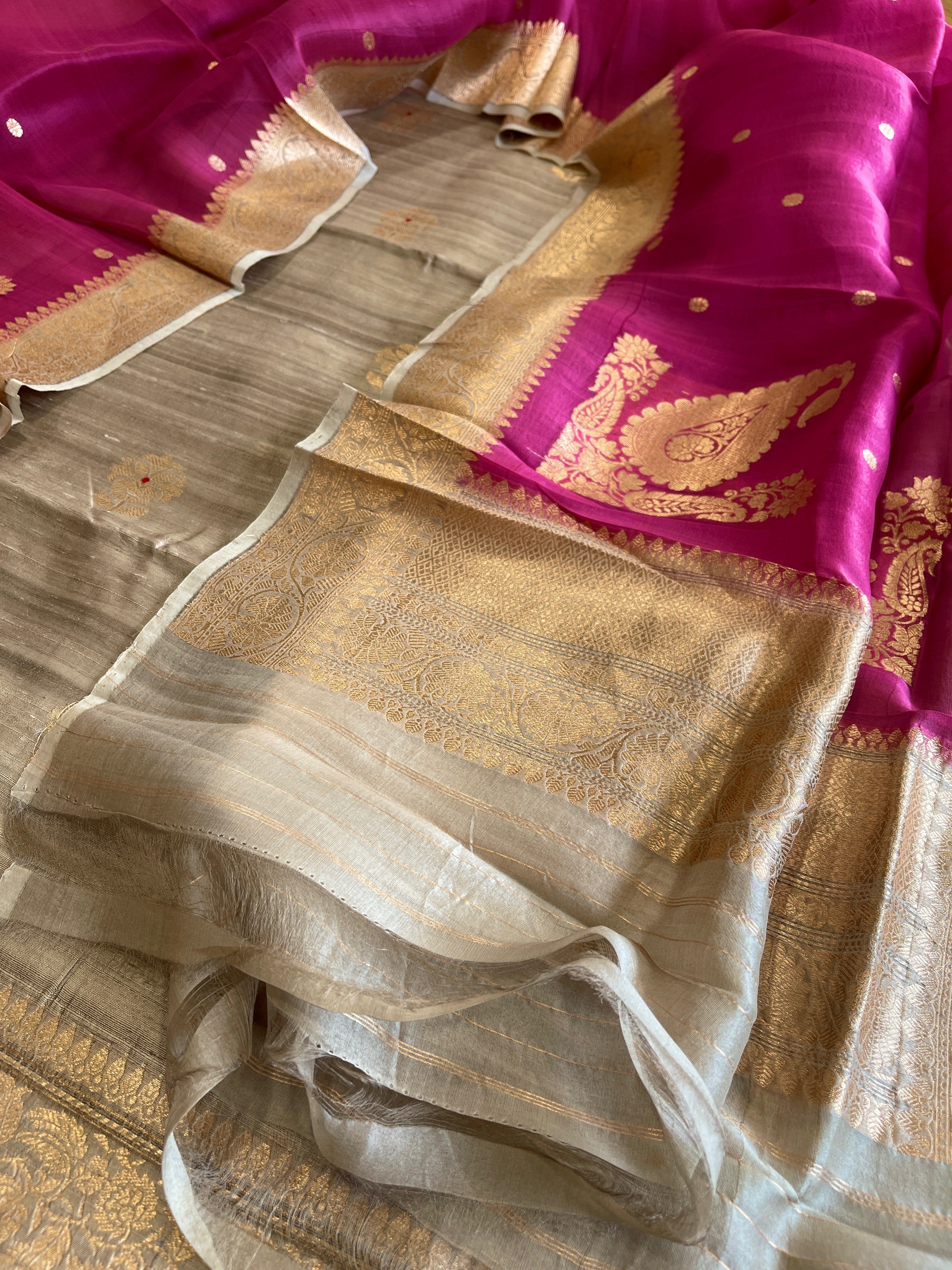 Gold Banarasi Suit Set in Pure Raw Silk with Pure Organza Zari Dupatta - Masakalee