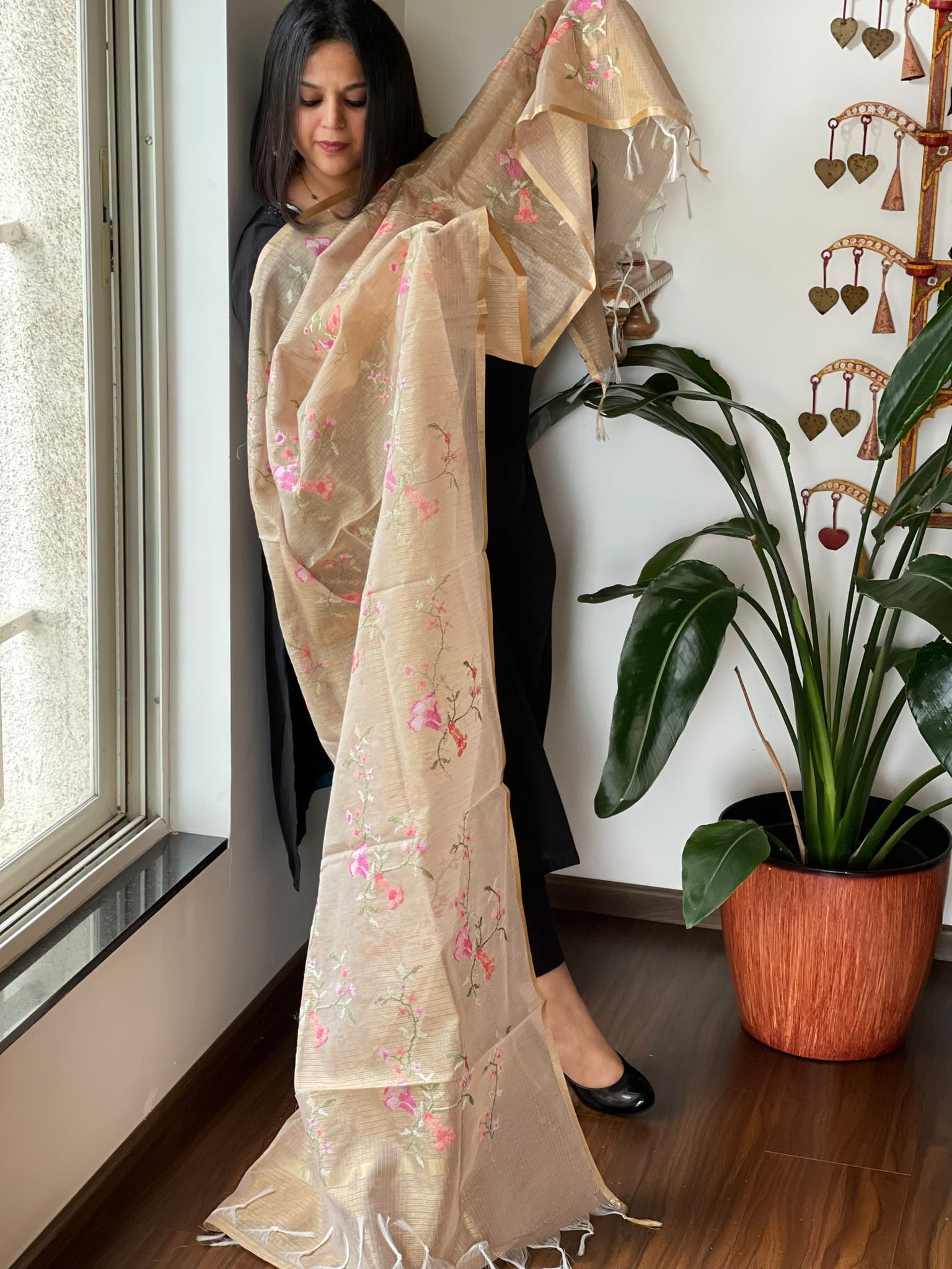 Gold Kota Organza Dupatta with cross - stitch Jaal embroidery - Masakalee