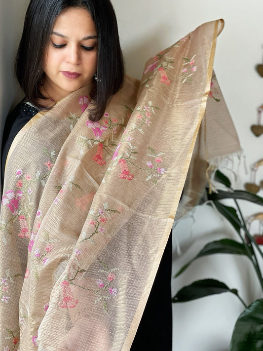 Gold Kota Organza Dupatta with cross - stitch Jaal embroidery - Masakalee