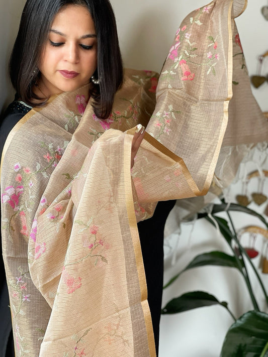 Gold Kota Organza Dupatta with cross - stitch Jaal embroidery - Masakalee