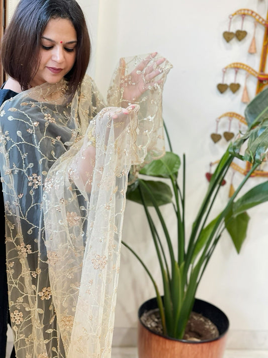 Gold Net Dupatta with Sequin and Cut Daana Embroidery - Masakalee