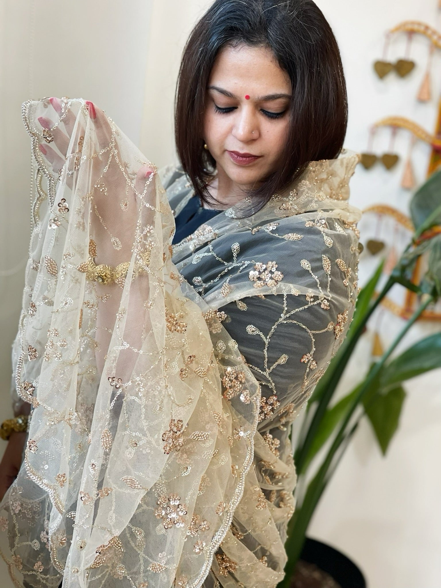 Gold Net Dupatta with Sequin and Cut Daana Embroidery - Masakalee
