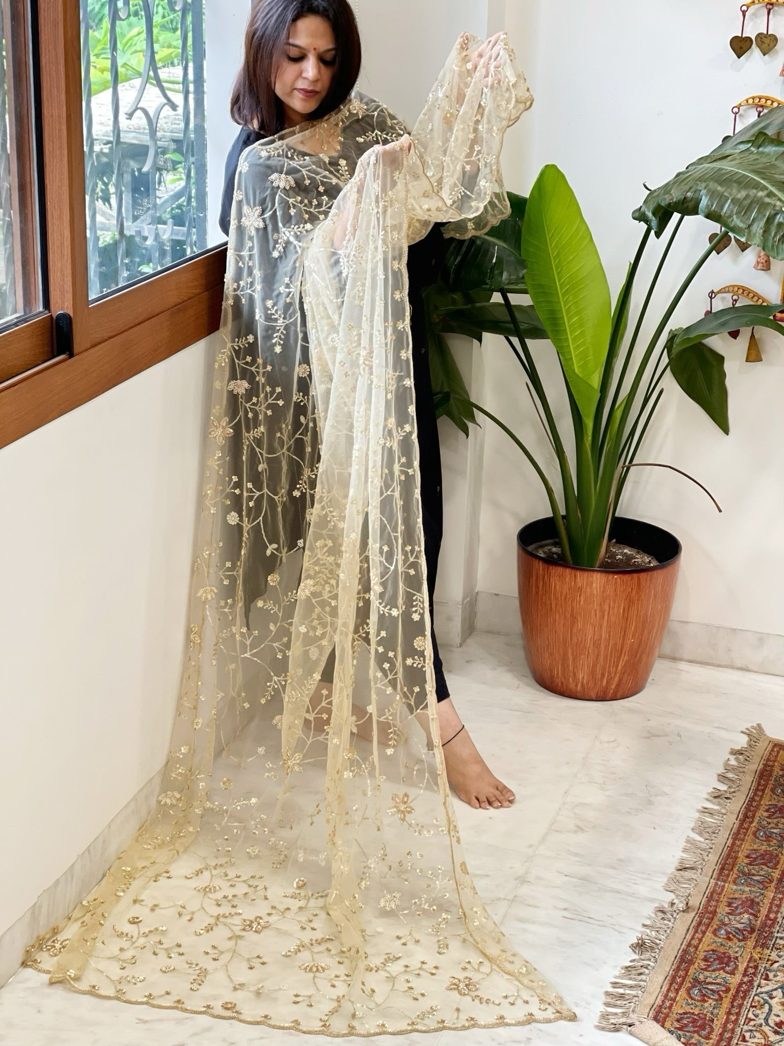 Gold Net Dupatta with Sequin and Cut Daana Embroidery - Masakalee