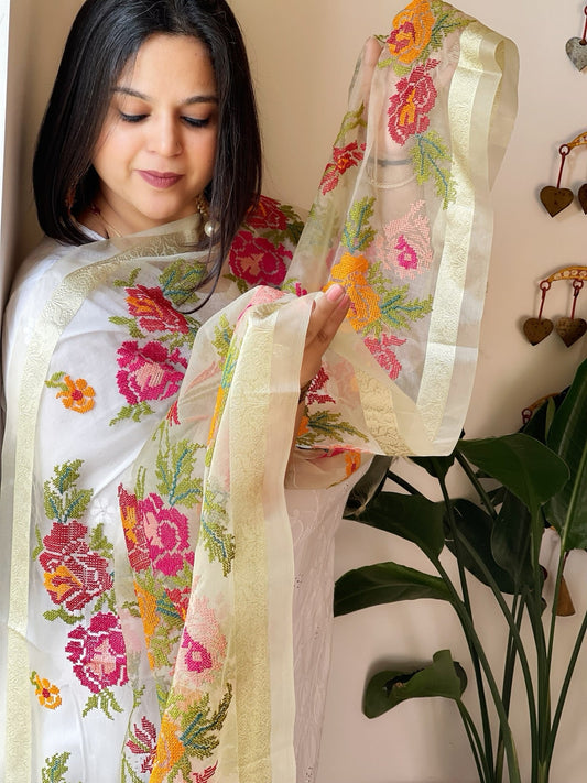Gold Organza Dupatta with cross - stitch embroidery - Masakalee