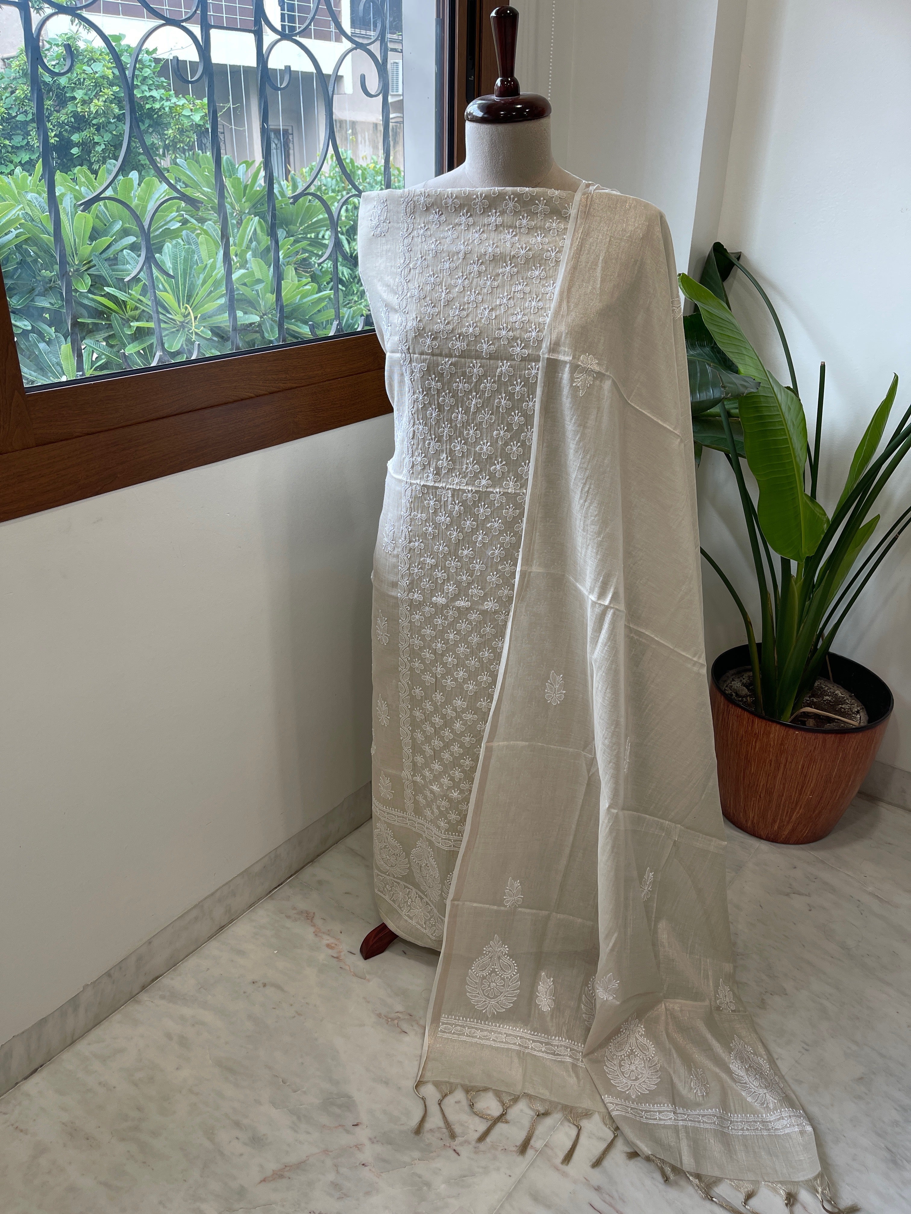 Gold Suit Set with Lucknowi Handwork in Tissue Chanderi - Masakalee