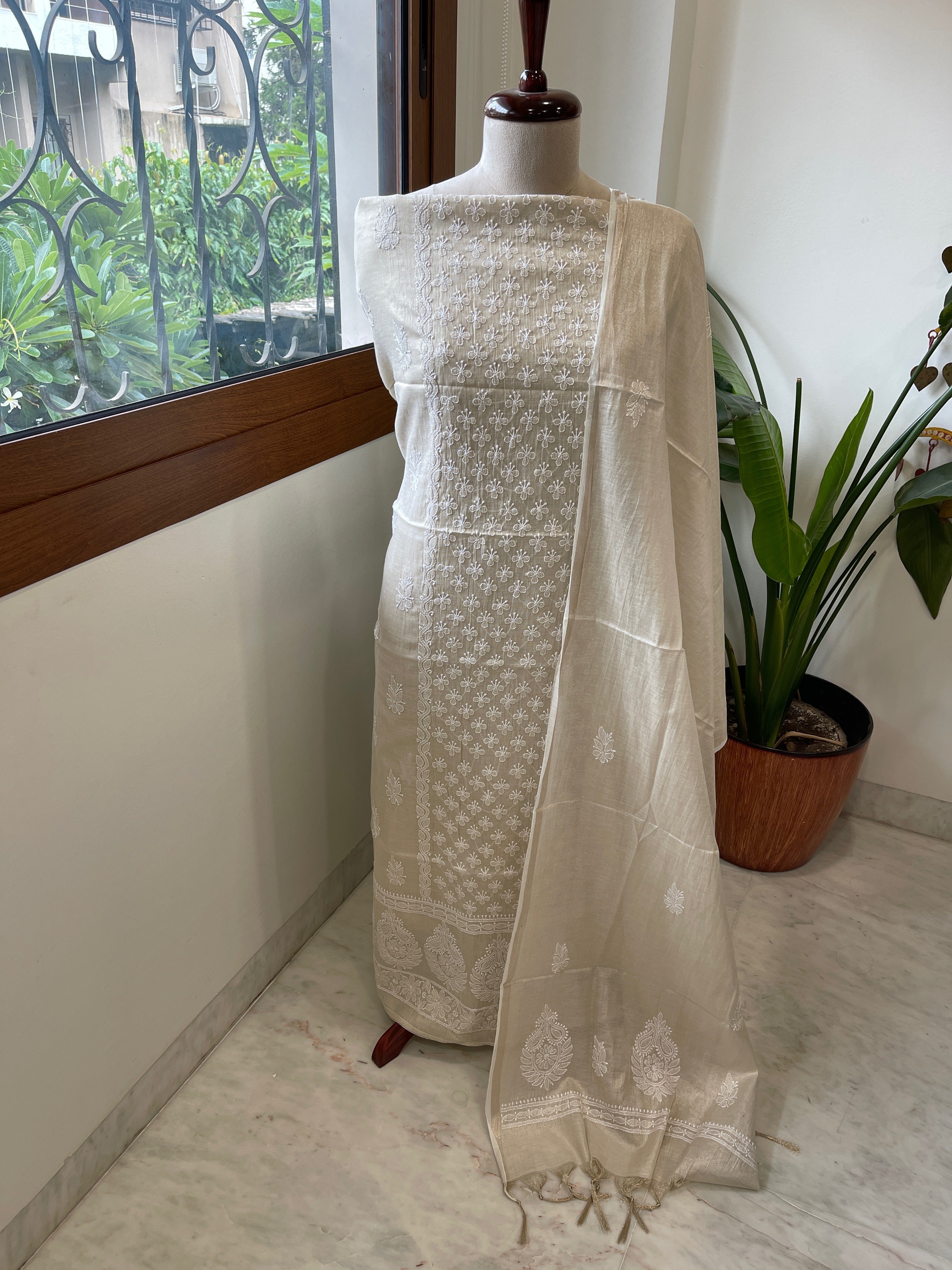 Gold Suit Set with Lucknowi Handwork in Tissue Chanderi - Masakalee