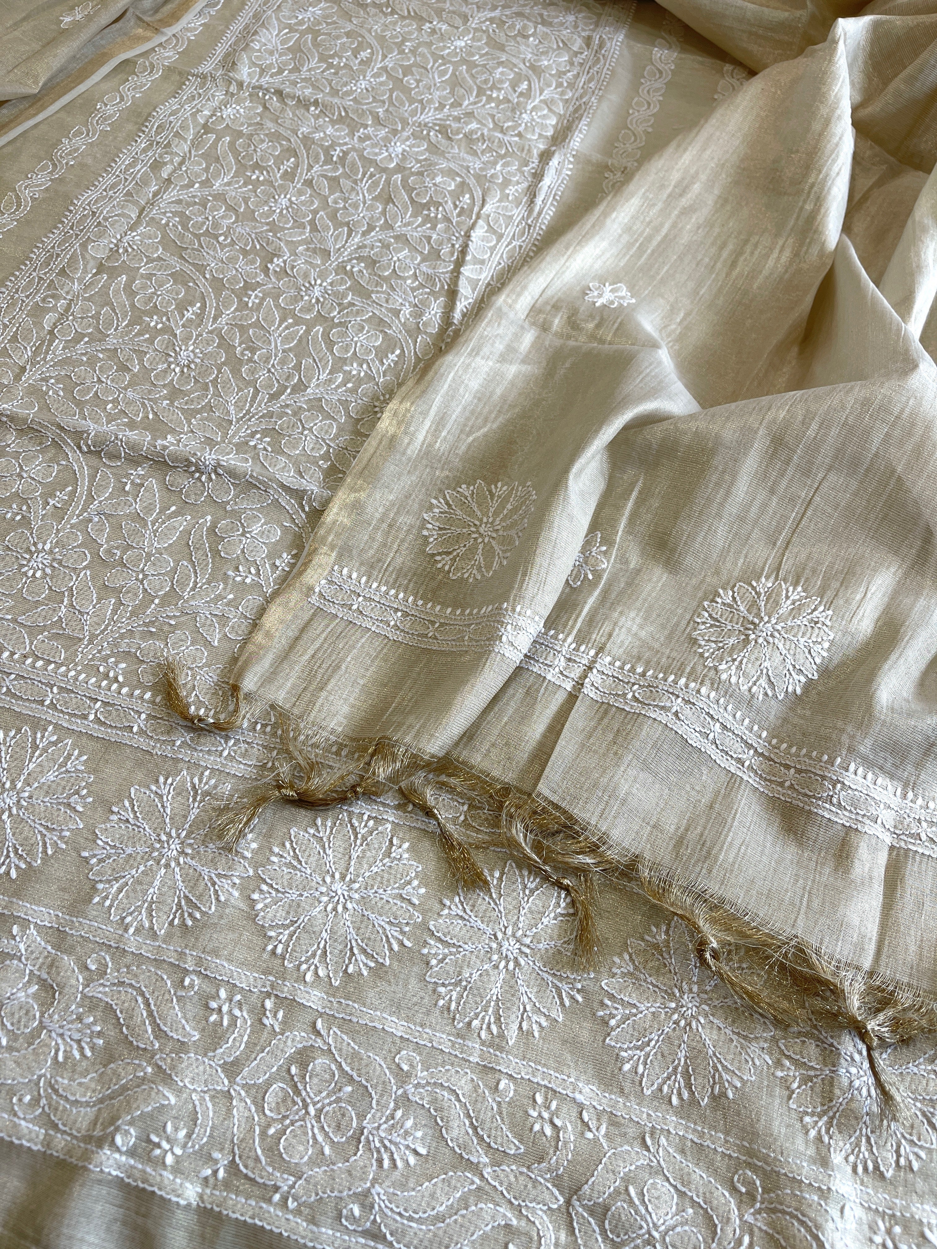 Gold Suit Set with Lucknowi Handwork in Tissue Chanderi - Masakalee