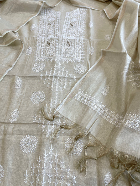 Gold Suit Set with Lucknowi Handwork in Tissue Chanderi - Masakalee