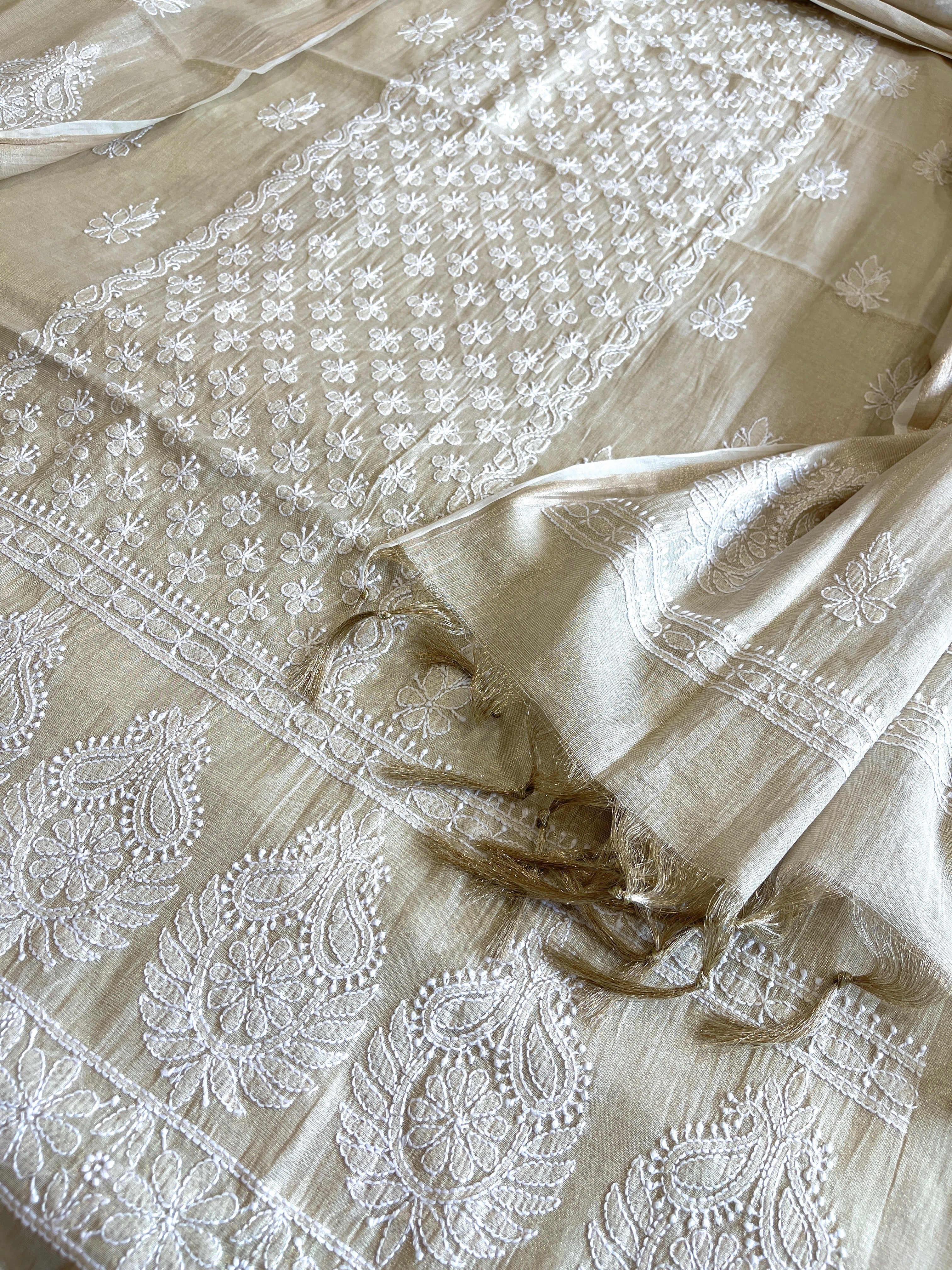 Gold Suit Set with Lucknowi Handwork in Tissue Chanderi - Masakalee