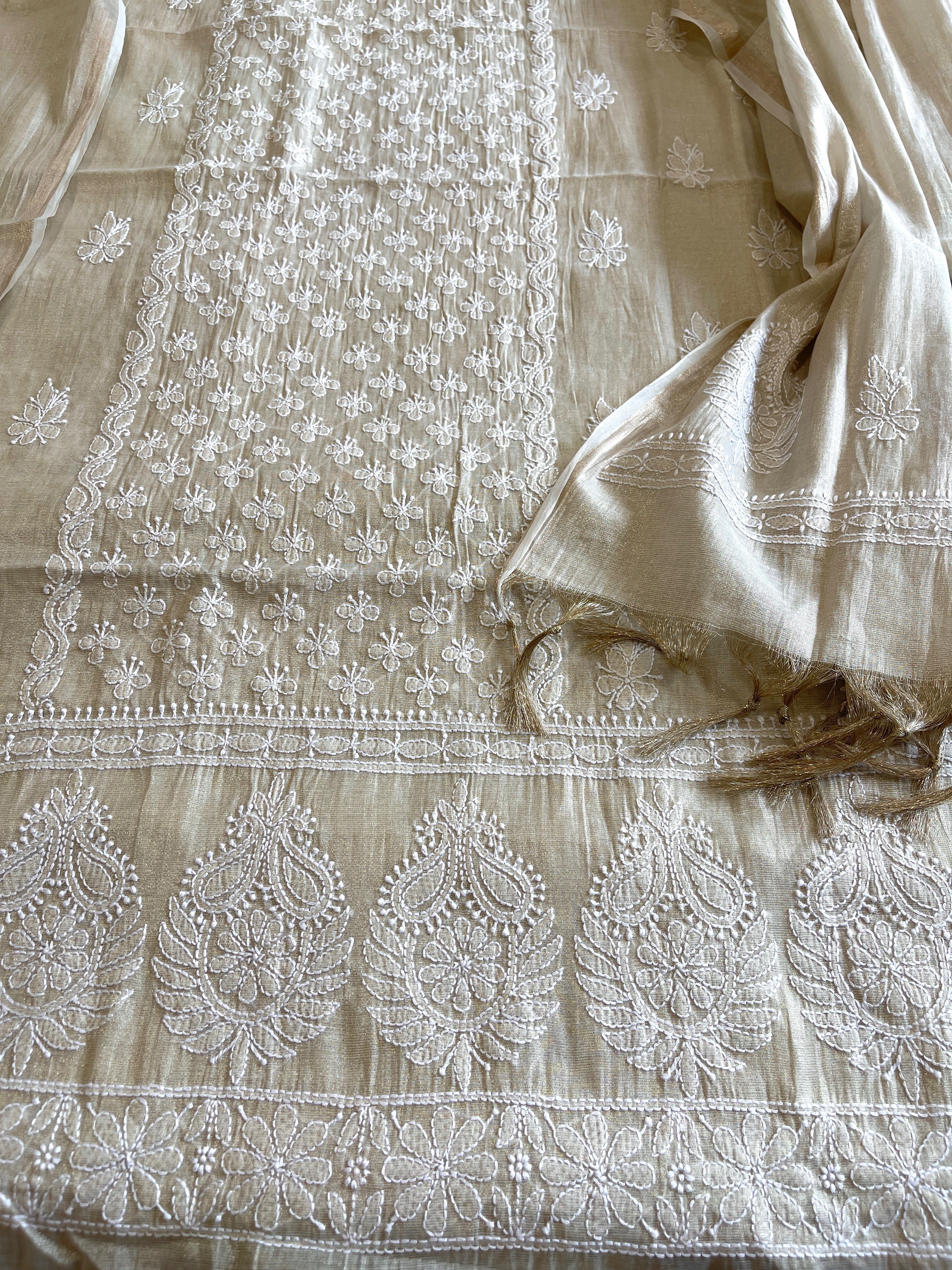 Gold Suit Set with Lucknowi Handwork in Tissue Chanderi - Masakalee